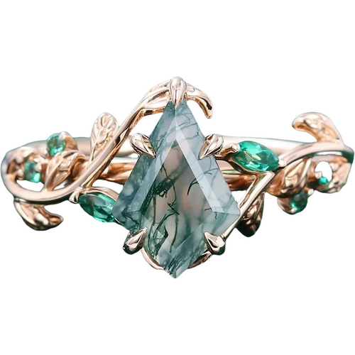 10K Rose Gold 1.2 CT.T.W. Kite Cut Moss Agate Custom Promise Emerald Foliage Band