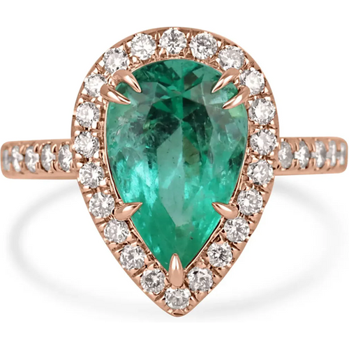 10K Rose Gold 3.5 CT.T.W. Pear Cut Emerald & Natural Diamond Halo Shank Engagement Band H-J Color VS1-VS2 Clarity