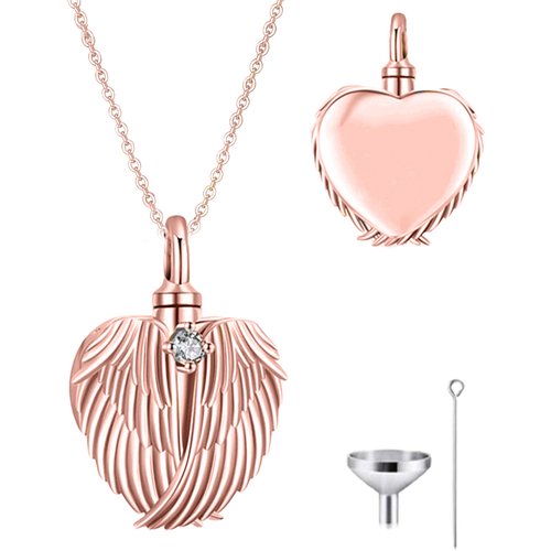 10K Rose Gold Circular Cubic Zirconia Personalized Birthstone Angel Wing & Heart Urn Necklace For Ashes