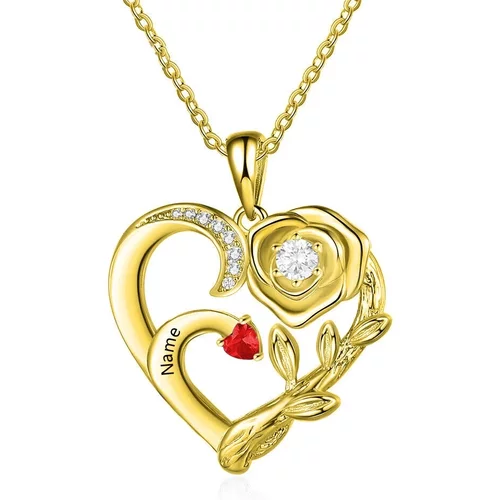 10K Gold Circular Shaped Zircon Rose Heart Personalized Engraving Pendant Necklace