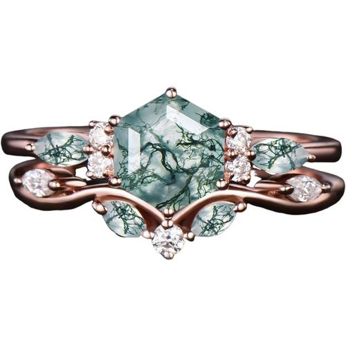 10K Rose Gold Five-Pointed Star Cut Moss Agate Custom Engagement Ring for Women