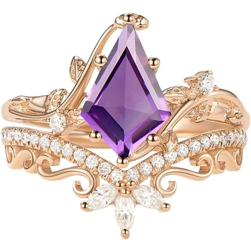 10K Rose Gold Kite Cut Amethyst & Moissanite Bridal Set