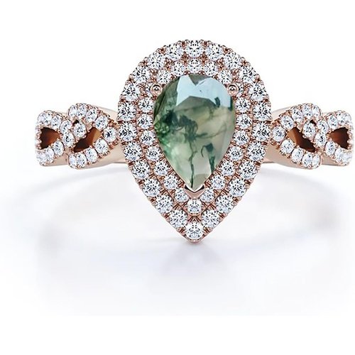 Sterling Silver with Rose Gold Plated Pear Cut Moss Agate Ring