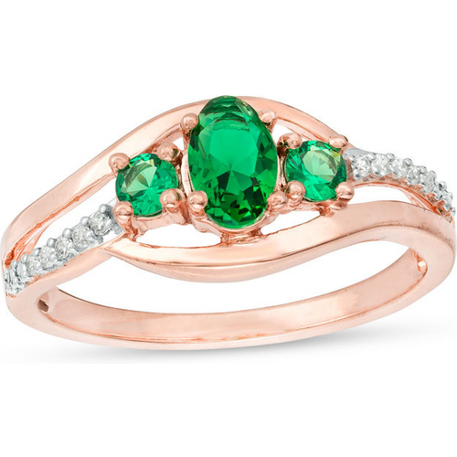 10K Rose Gold Oval Cut Lab-Created Emerald and 0.05 CT.T.W. Natrual Diamond Three Stone Bypass Engagement Band