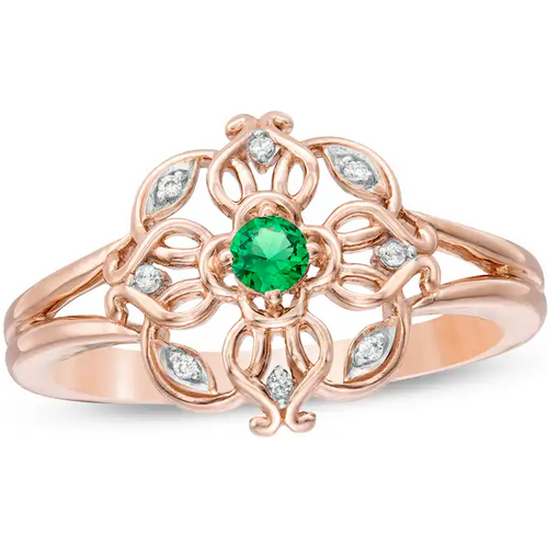 10K Rose Gold Round Cut Emerald & Marquise Cut Diamond Accent Filigree Clover Split Shank Engagement Band