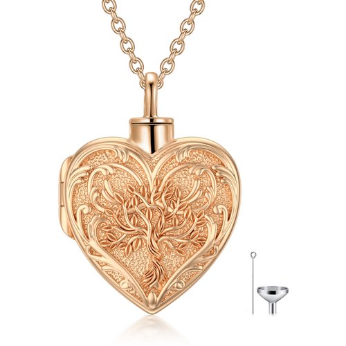 10K Rose Gold Tree Of Life & Heart Urn Necklace for Ashes