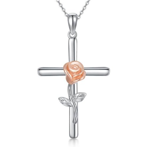 10K Two-Tone Rose & Cross Pendant Necklace For Women
