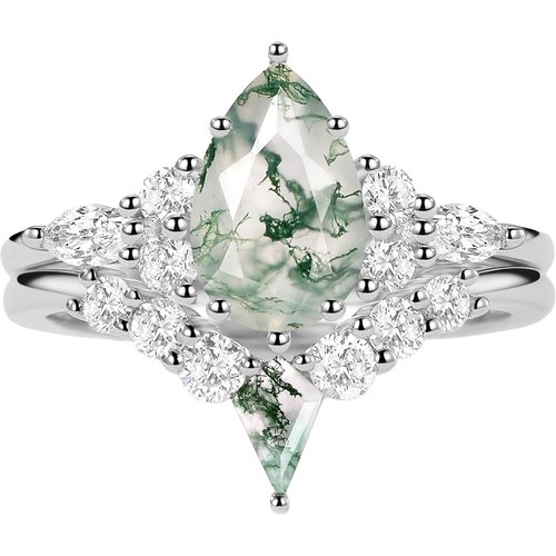 10K White Gold 1.5 CT Pear Cut Moissanite & Moss Agate Bridal Set