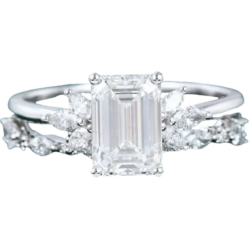 10K White Gold Emerald Cut Moissanite Couple Bridal Set
