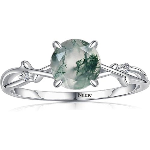 10K White Gold Round Moss Agate Personalized Classic Name Ring