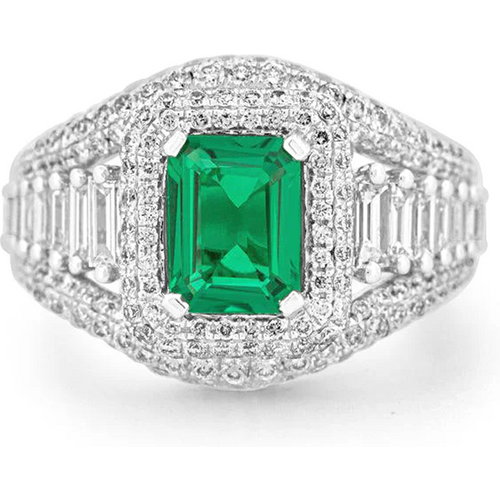 10K White Gold Emerald Cut Emerald & 2.3 CT.T.W. Lab Created Diamond Engagement Band