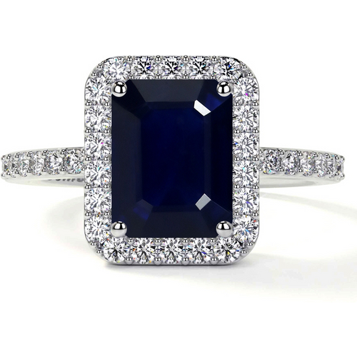 10K White Gold Emerald Cut Custom Engagement Ring Classic Prong Set Halo Ring
