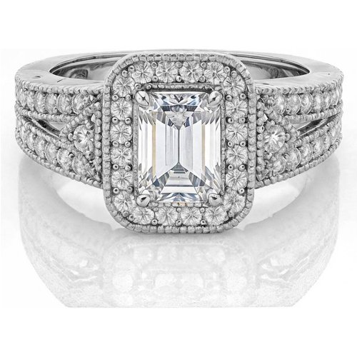 10K White Gold Emerald Cut Vintage Moissanite Engagement Ring