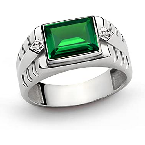 10K White Gold Emerald & 2 Diamond Accents Band Fine Jewelry for Dad Husband
