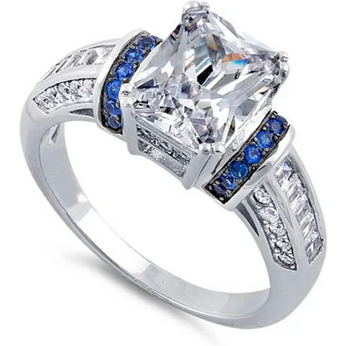 10K White Gold Round Cut & Emerald Cut Moissanite Engagement Ring
