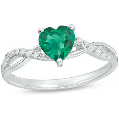 10K White Gold Heart Cut Emerald & 0.05 CT.T.W. Round Diamond Twist Shank Engagement Band