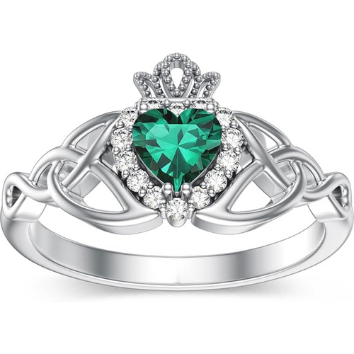 10K White Gold Heart Cut Emerald & 0.1 CT.T.W. Diamond Celtic Knot Claddagh Promise Band