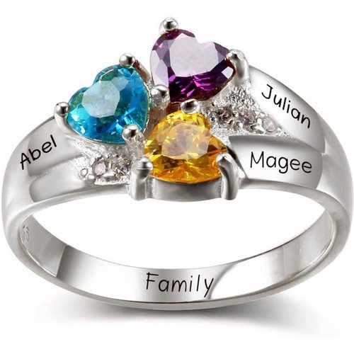 10K White Gold Heart Personalized Birthstone And Engraving Ring For Women