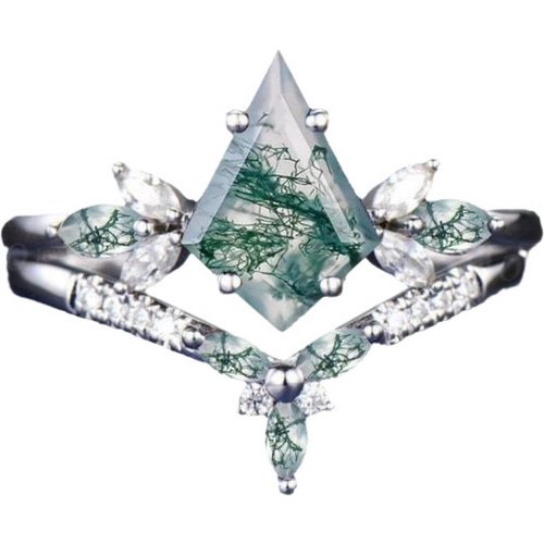 10K White Gold Kite Cut Moss Agate & Moissanite Engagement Ring for Women Free Engraving