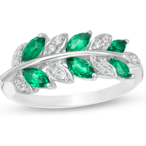 10K White Gold Marquise Cut 0.3 CT. T.W. Lab-Created Emerald and 0.1 CT. T.W. Diamond Leaves Band