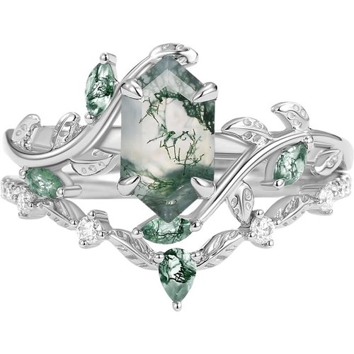 10K White Gold Moss Agate & Moissanite Bridal Set Art Deco Proposal Anniversary Promise Ring