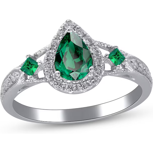 10K White Gold Pear Cut Emerald & Diamond Halo Engagement Ring