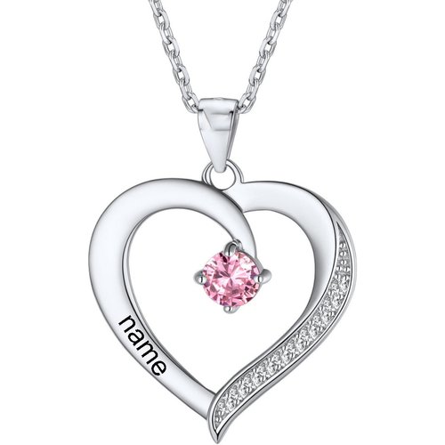 10K Personalized Birthstone Engraving Heart Pendant Necklace For Women