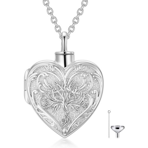 10K White Gold Tree Of Life Urn Necklace for Ashes with Silver Chain