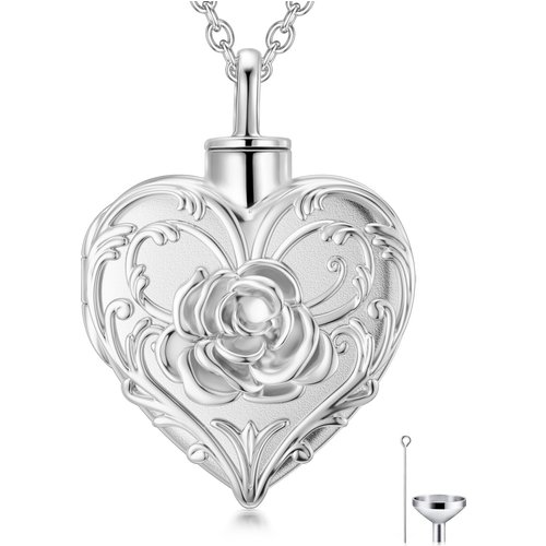 10K White Gold Rose & Heart Urn Necklace for Ashes with Engraved Word