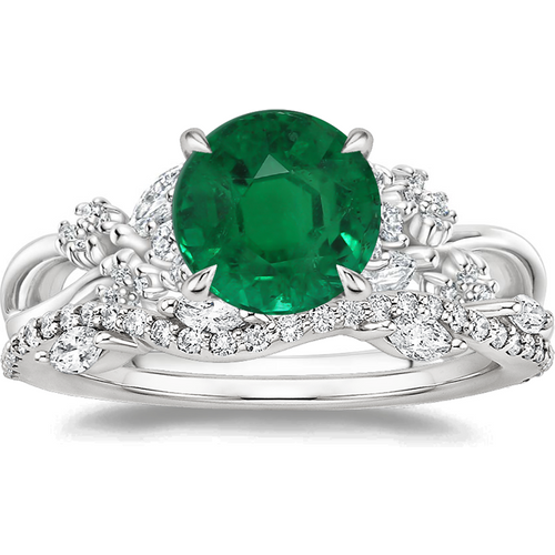 10K White Gold Round Cut Emerald & 0.25 CT.T.W. Luxe Winding Willow Diamond Bridal Set