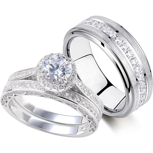 10K White Gold Round Cut Moissanite Couple Rings