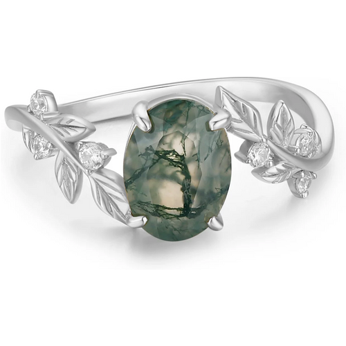 10K White Gold 1 to 5 CT Oval Cut Moss Agate Between the Leaf Engagement Band