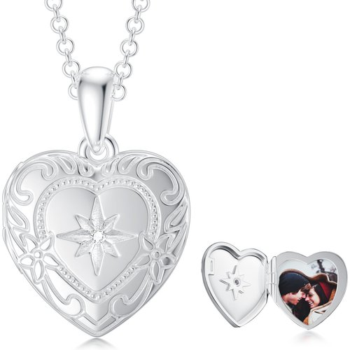 10K White Gold Zircon Personalized Photo & Heart Pendant Necklace