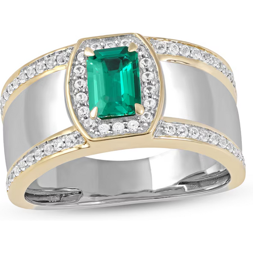 10K White & Yellow Gold Emerald Cut Emerald and White Diamond Triple Row Band for Men