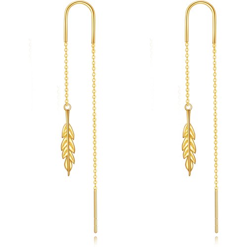 10K Yellow Gold Feather Pull Through Threader Drop Earrings
