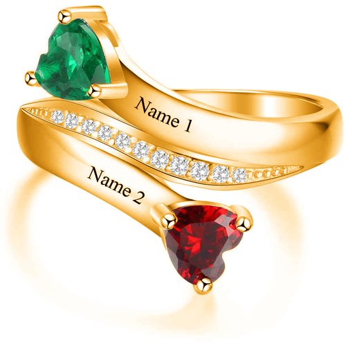 10K Yellow Gold Heart Personalized Birthstone Engraving Open Ring For Women