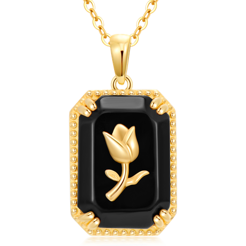 10K Yellow Gold Natural Black Agate Rose & Square Pendant Necklace