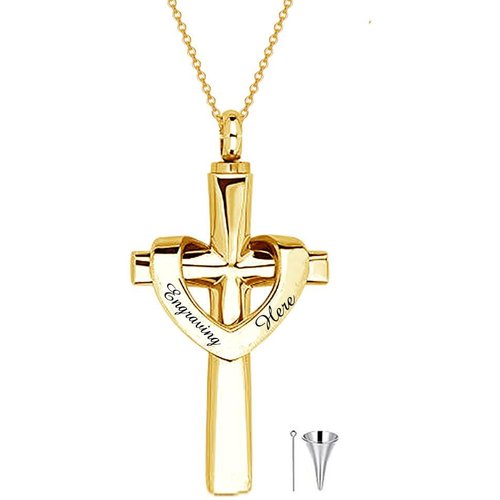 10K Yellow Gold Personalized Engraving Cross Heart Urn Cremation Necklace for Ashes