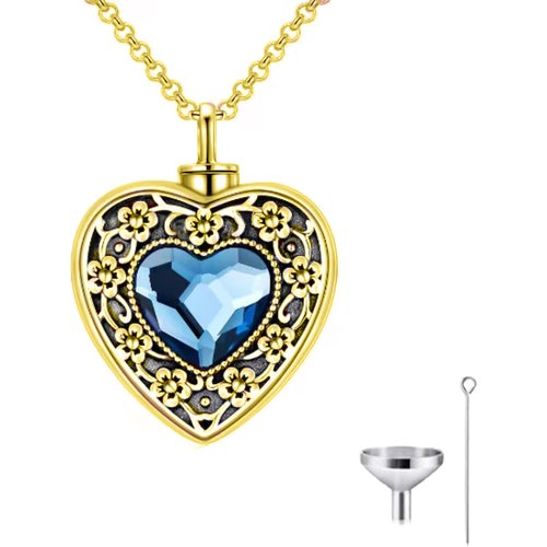 10K Yellow Gold Cubic Zirconia Personalized Engraving Heart Urn Necklace for Ashes