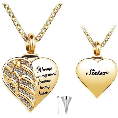 10K Yellow Gold Cubic Zirconia Angel Wing Personal Engraving Heart Urn Necklace for Ashes