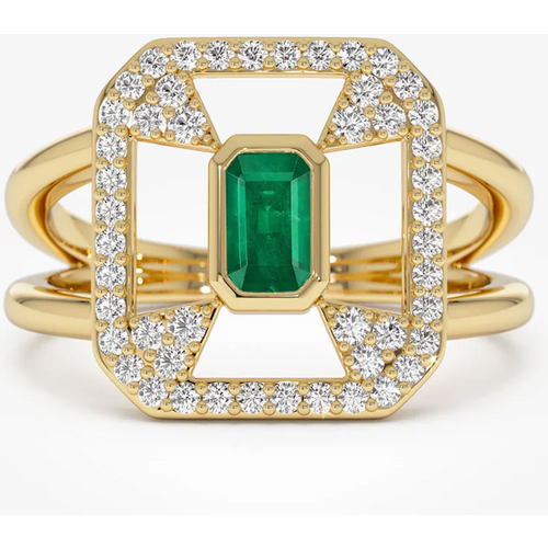 14k Art Deco Design 0.7 CT Emerald & 0.3 CT Diamond Halo Ring