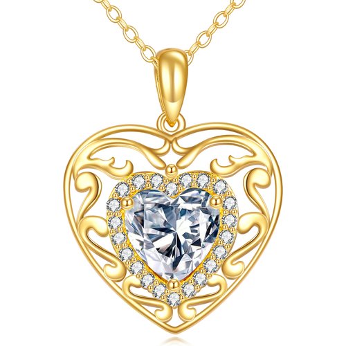 14K Gold 1.5CT Heart Moissanite Hollow Pendant Necklace