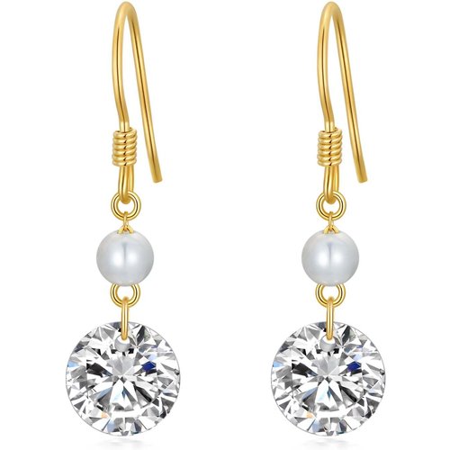 14K Gold 5mm Natural Freshwater Pearl Zircon Drop Earrings Jewelry Gift for Women