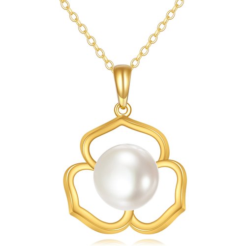 14K Gold 9MM Round Freshwater Pearl Flower Pendant Necklace