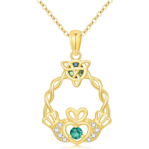 14K Gold Abalone & Cubic Zirconia Celtic Knot & Claddagh Pendant Necklace