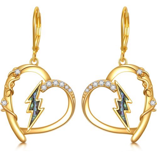 Sterling Silver with Yellow Gold Plated Abalone Shellfish Cubic Zirconia Heart & Lightning Lever-back Earrings