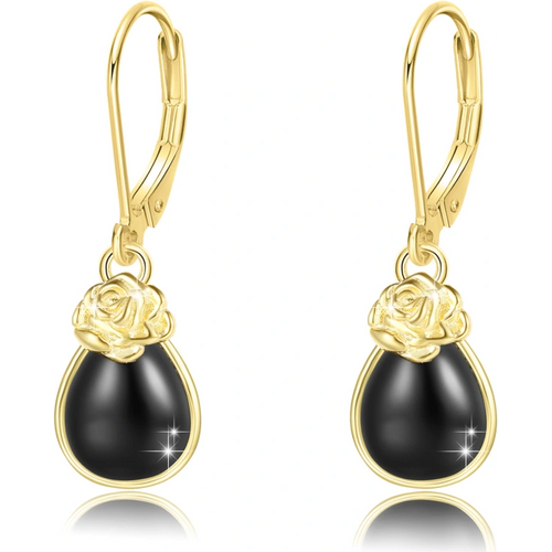 14K Gold Agate Rose Drop Lever-back Earrings for Women