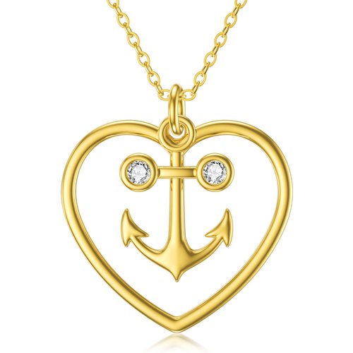 14K Gold Cubic Zirconia Anchor & Heart Pendant Necklace