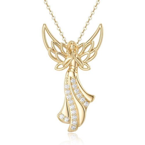 14K Gold Cubic Zirconia Angel Wing & Fairy Pendant Necklace