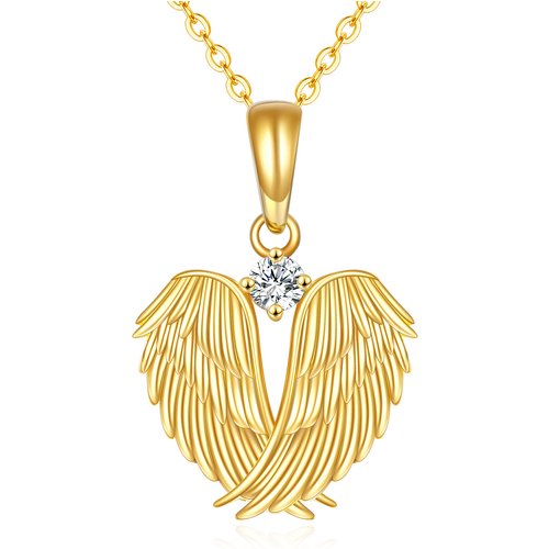 14K Gold Cubic Zirconia Angel Wing Feather Heart Pendant Necklace